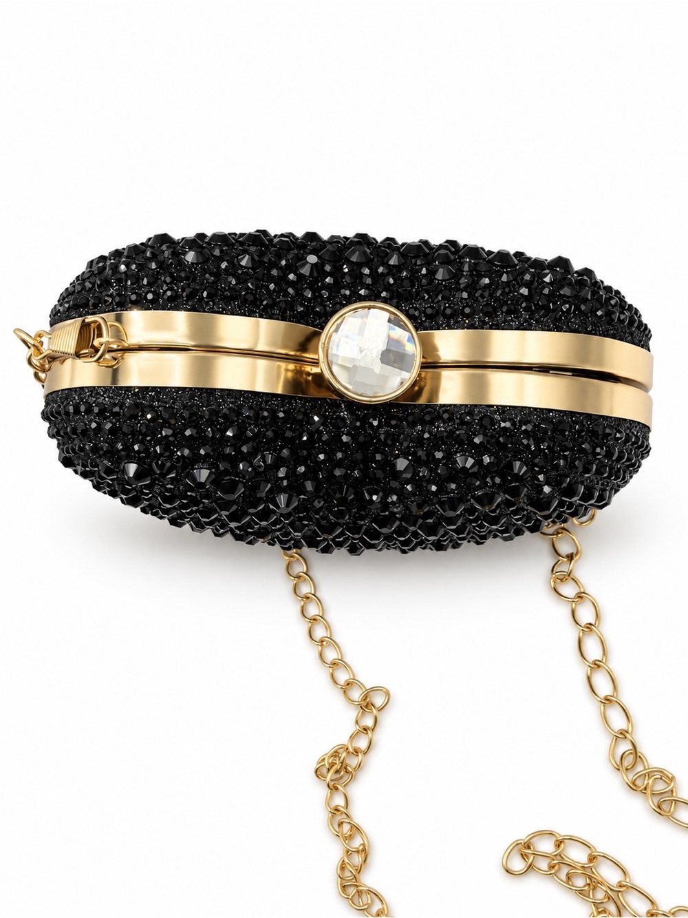 Black Crystal Heart Clutch Purse Gold Handle Formal Evening Bag Womens NEW - Picture 7 of 13
